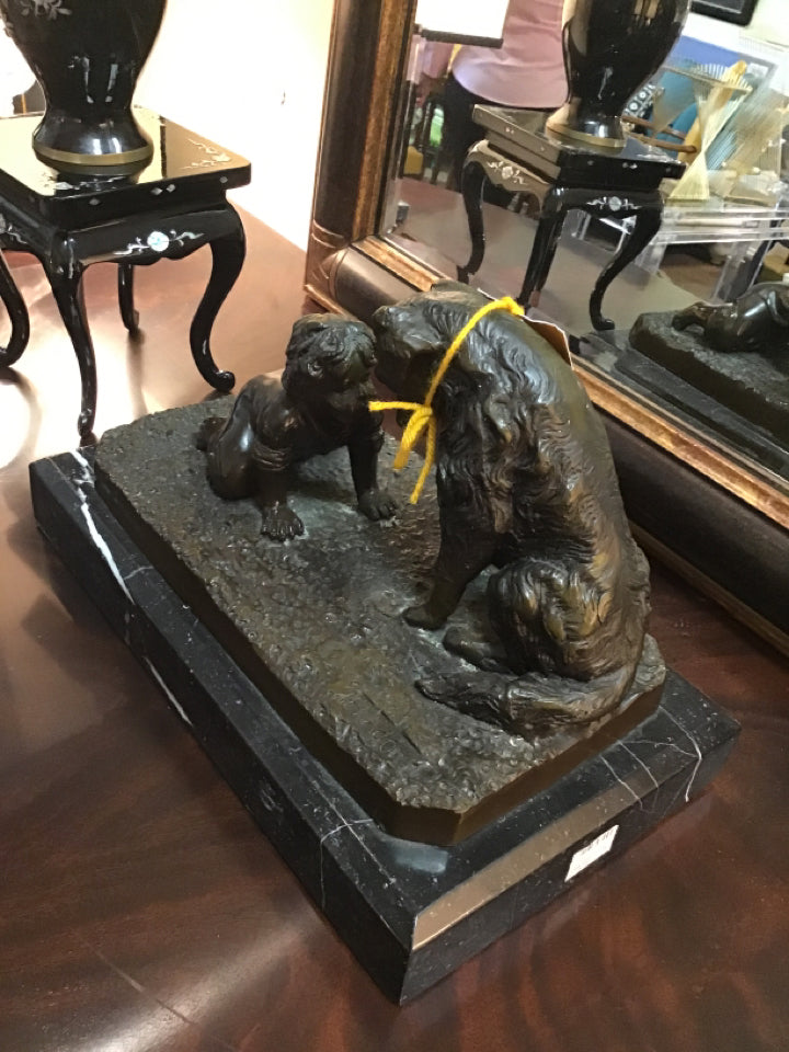 Bronze Statue on Marble Base Young Boy and Dog